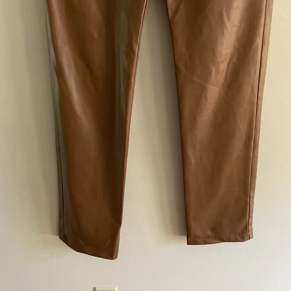 Zara Women S Caramel Brown Faux Leather 90s High-Rise Straight Leg Pants